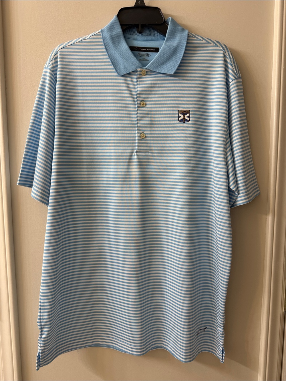 Greg Norman Collection Pale Blue & White Striped Polo Shirt
